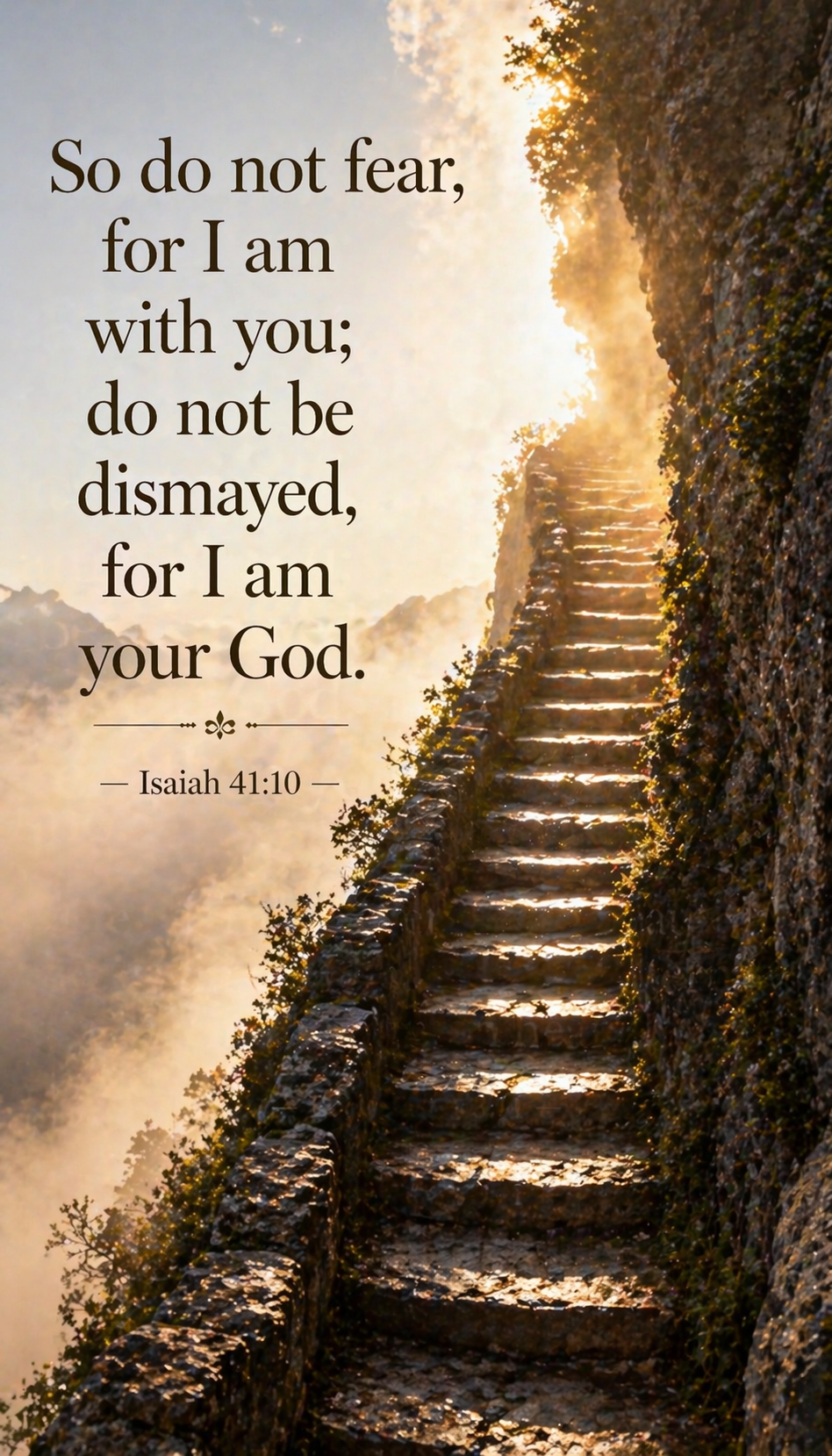 Narrow stone staircase carved into cliff face leading upward through morning mist toward bright sky above each step solid -- Isaiah 41:10 vertical wallpaper